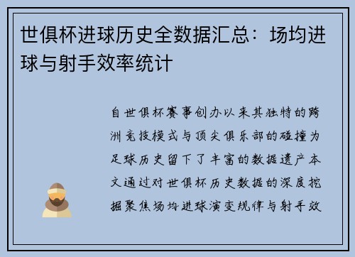 世俱杯进球历史全数据汇总：场均进球与射手效率统计